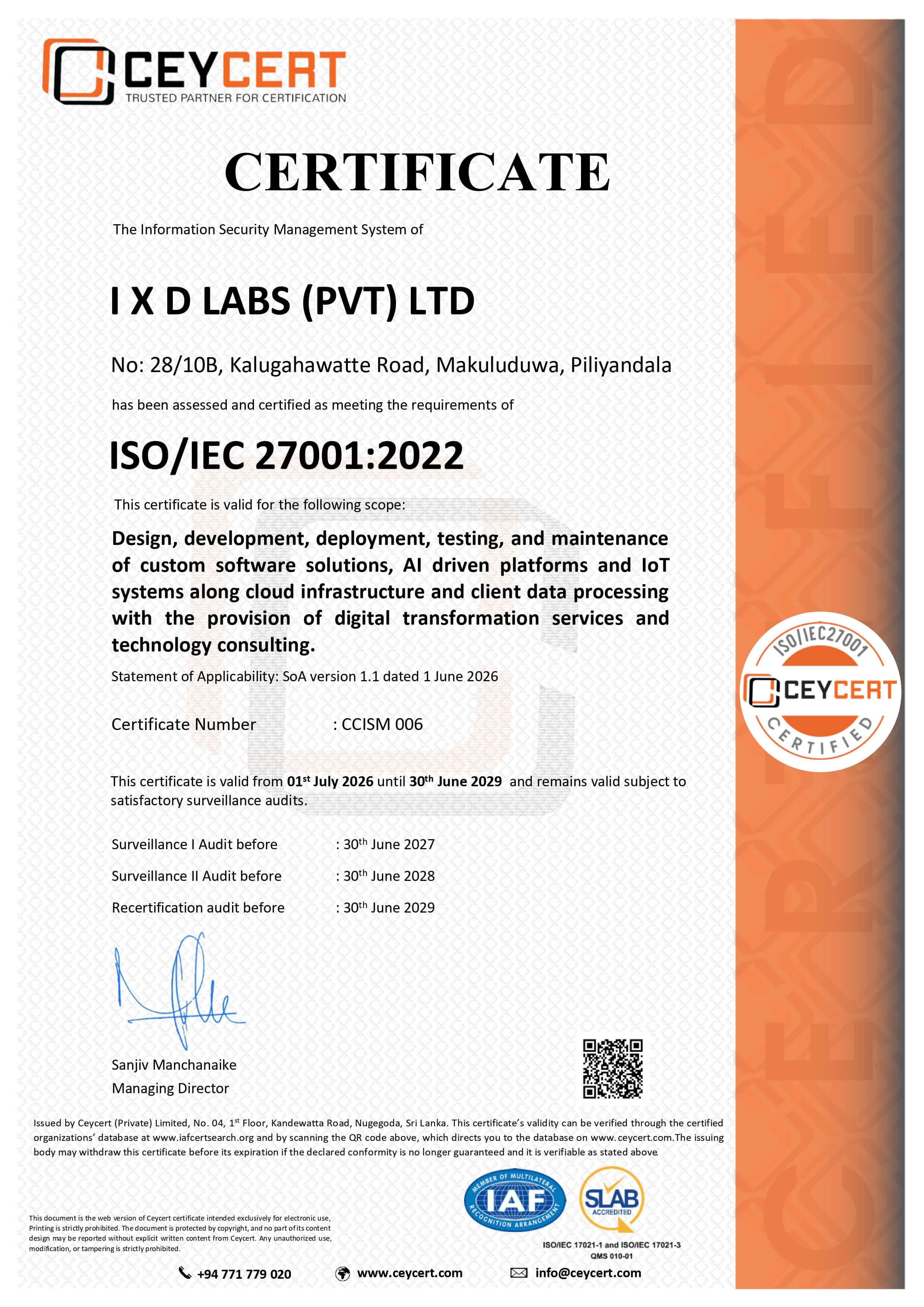 Official ISO/IEC 27001:2022 certificate issued by CEYCERT